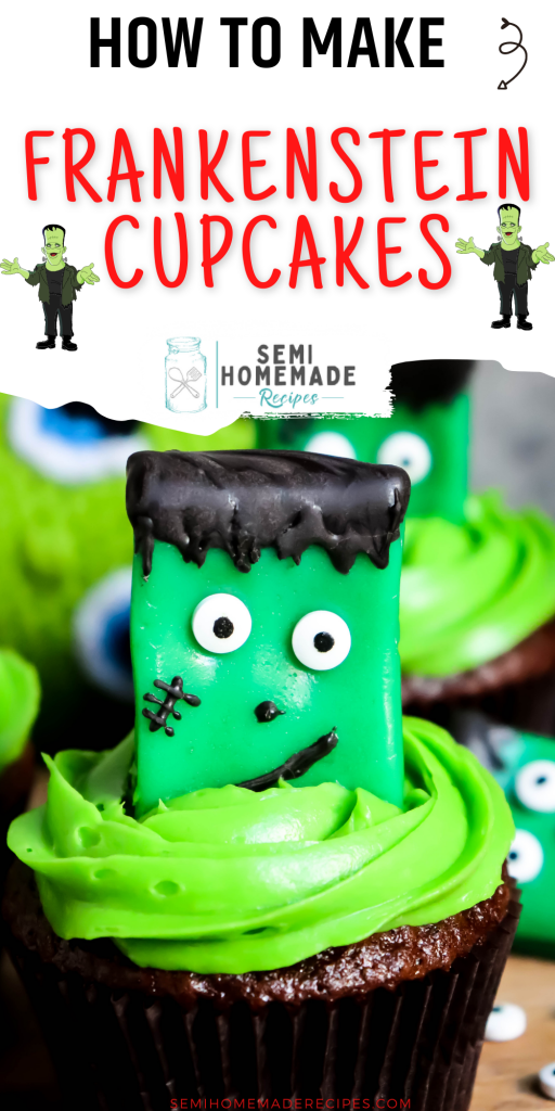 These easy Frankenstein Cupcakes are made up of chocolate cupcakes, green frosting and Frankenstein monsters made out of green airhead candy!