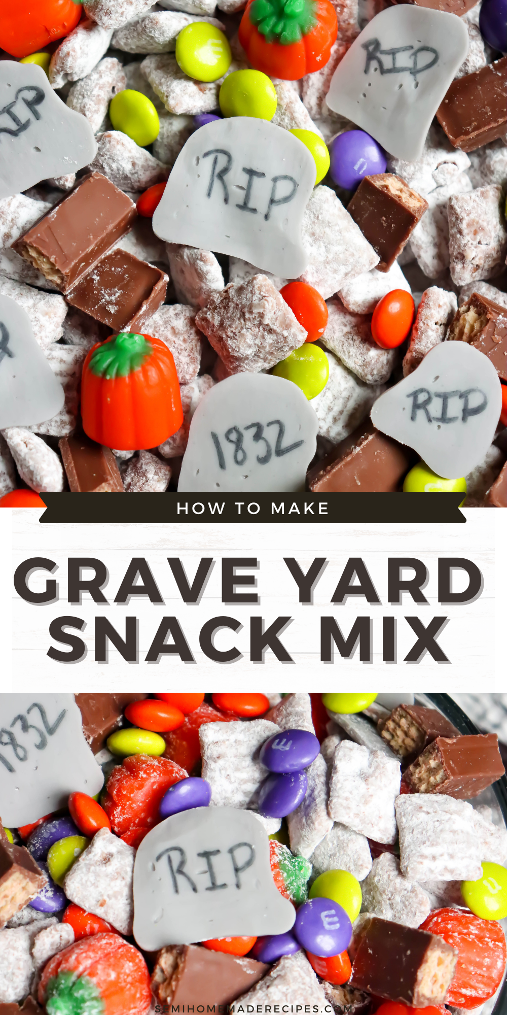 This Grave Yard Snack Mix is made with homemade muddie buddy chex mix, candy pumpkins, Halloween M&Ms, Kit Kats and homemade candy tombstones. 
