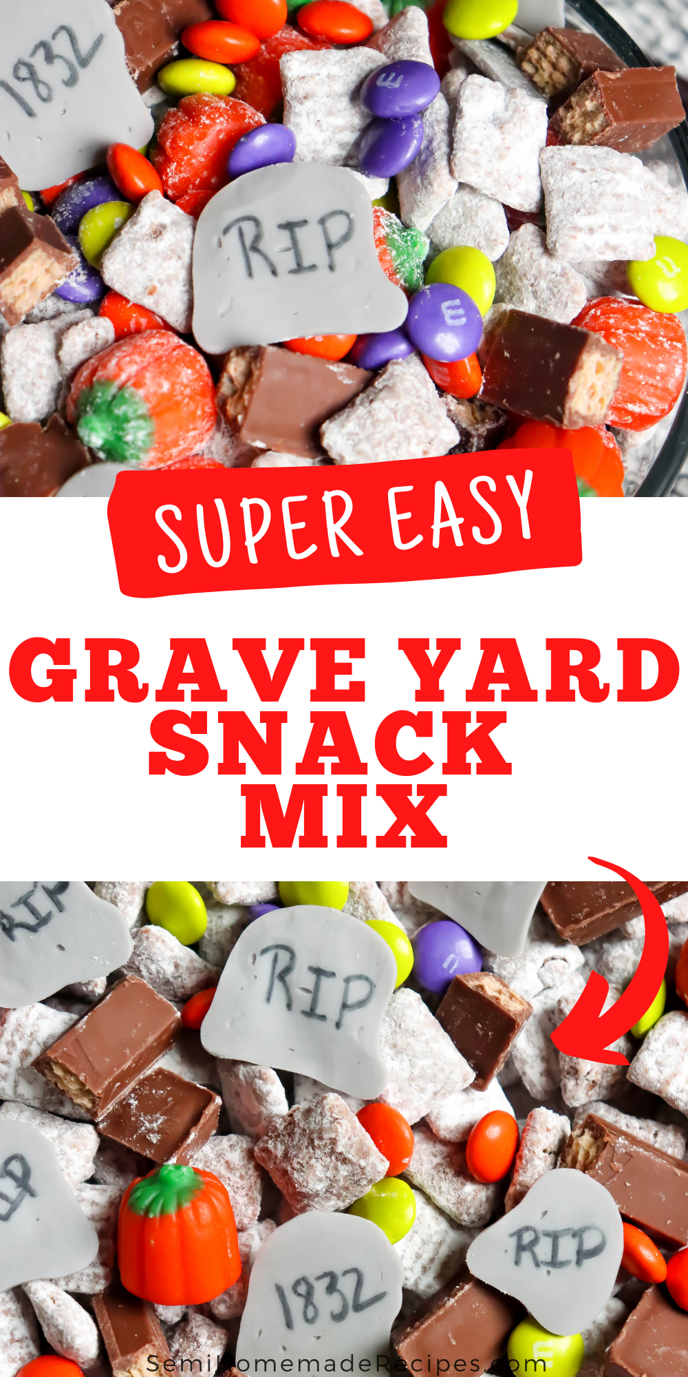 This Grave Yard Snack Mix is made with homemade muddie buddy chex mix, candy pumpkins, Halloween M&Ms, Kit Kats and homemade candy tombstones.