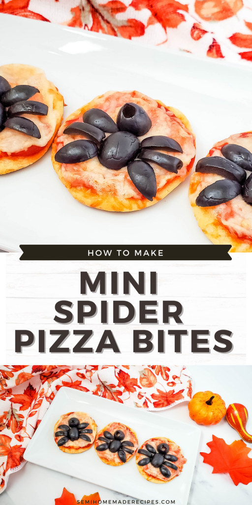 Mini Spider Pizza Bites are made with refrigerated crescent rolls, pizza sauce, shredded mozzarella cheese and black olive spiders!