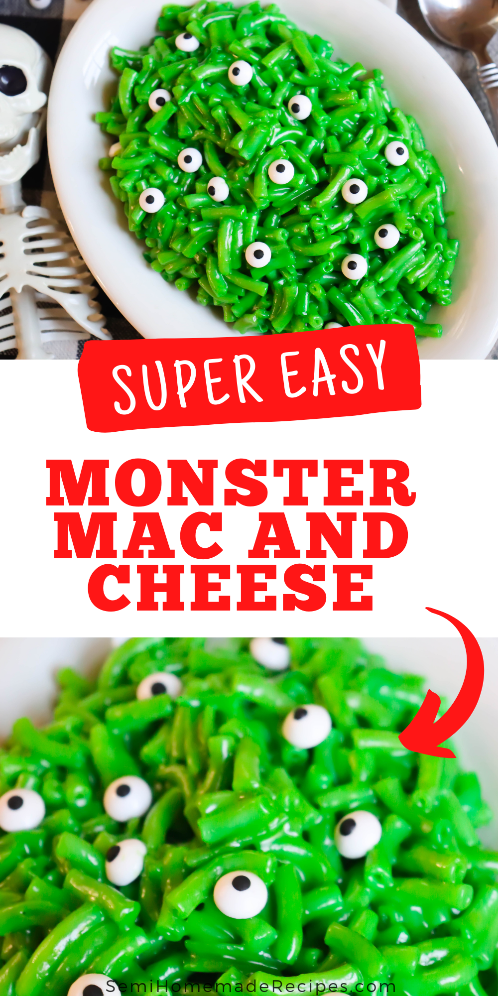 Monster Mac and Cheese - a semi homemade, fun and savory Halloween recipe using macaroni and cheese, green food coloring and candy eyes! This Monster Mac and cheese is the perfect Halloween lunch or Halloween dinner!