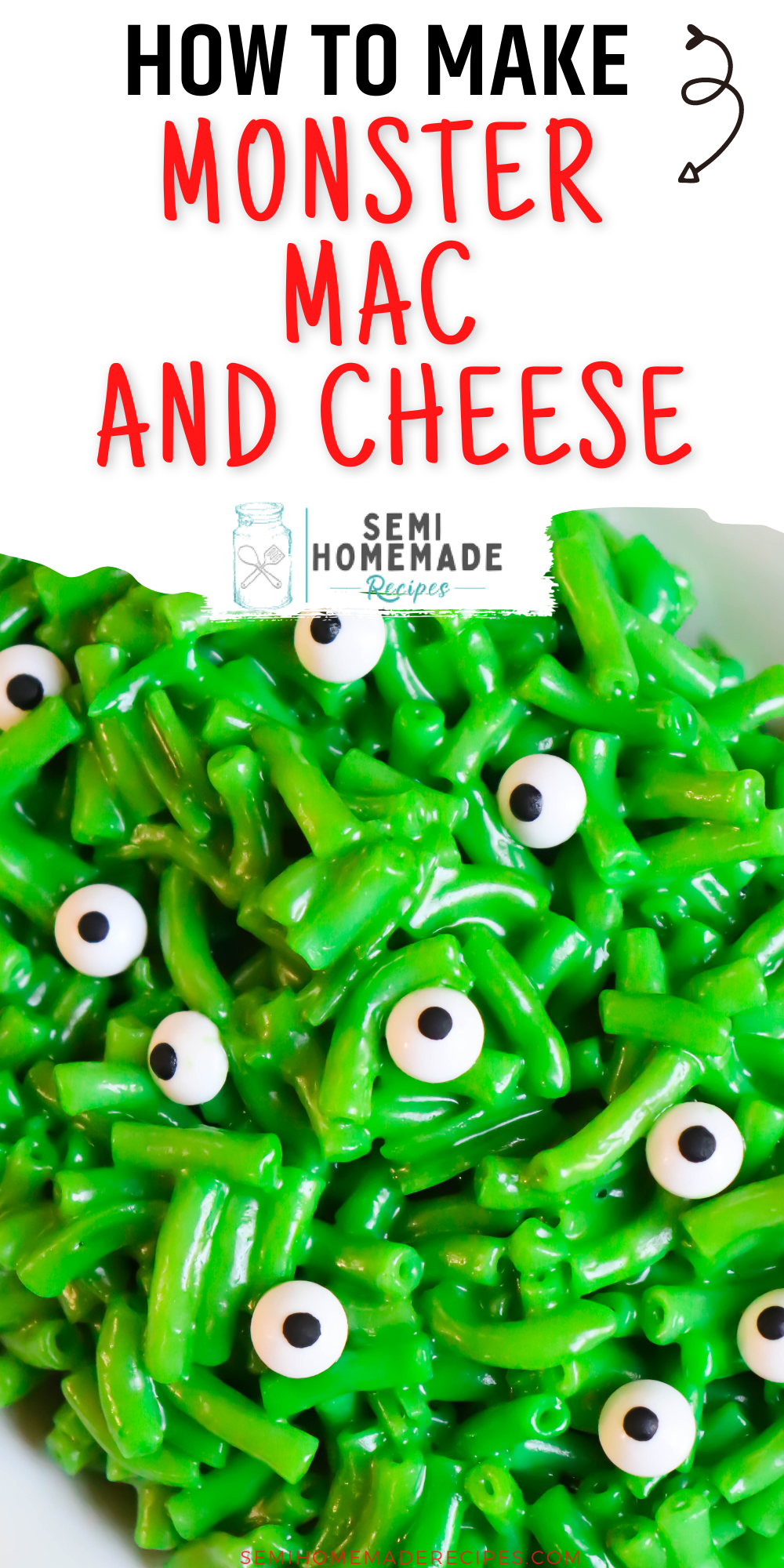 Monster Mac and Cheese - a semi homemade, fun and savory Halloween recipe using macaroni and cheese, green food coloring and candy eyes! This Monster Mac and cheese is the perfect Halloween lunch or Halloween dinner!