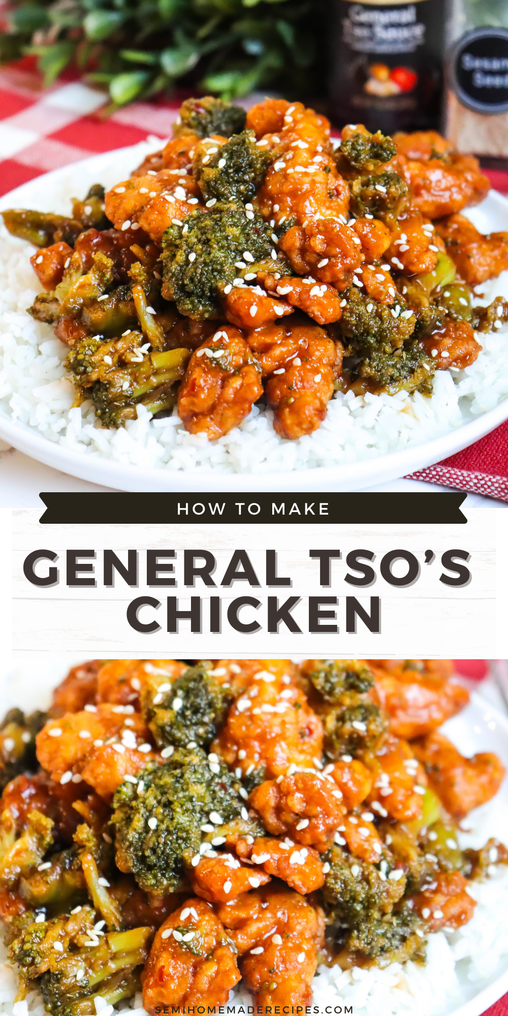This General Tso's Chicken is one of our favorite Chinese restaurant take out menu items with a Semi Homemade Twist. Popcorn chicken, General Tso's sauce, and frozen broccoli come together for a quick and easy dinner idea!