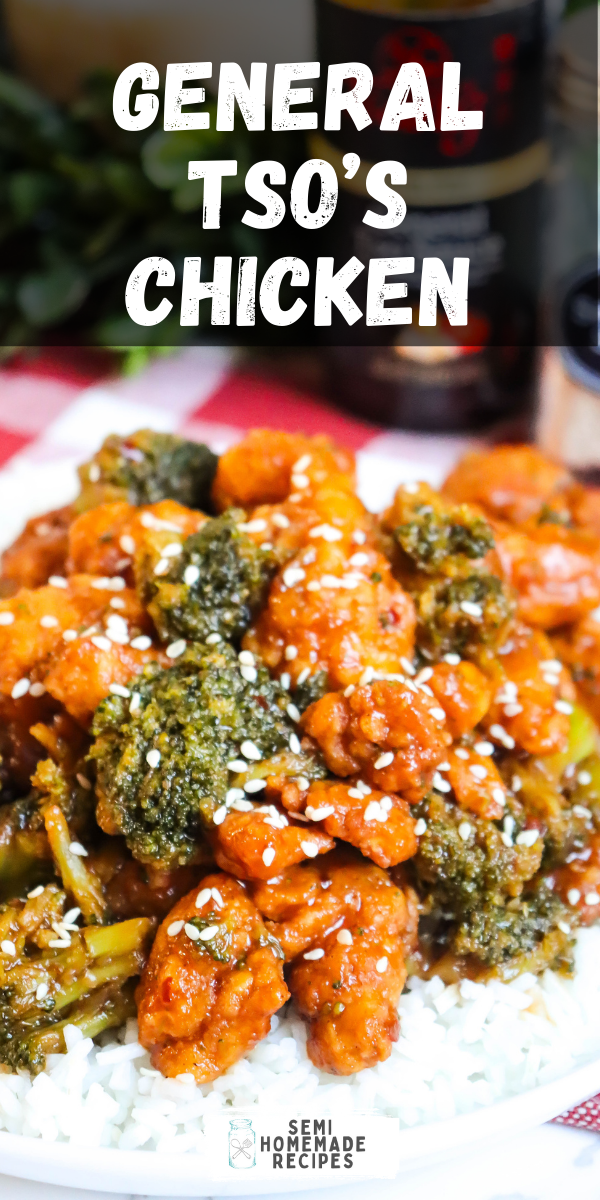 This General Tso's Chicken is one of our favorite Chinese restaurant take out menu items with a Semi Homemade Twist. Popcorn chicken, General Tso's sauce, and frozen broccoli come together for a quick and easy dinner idea!