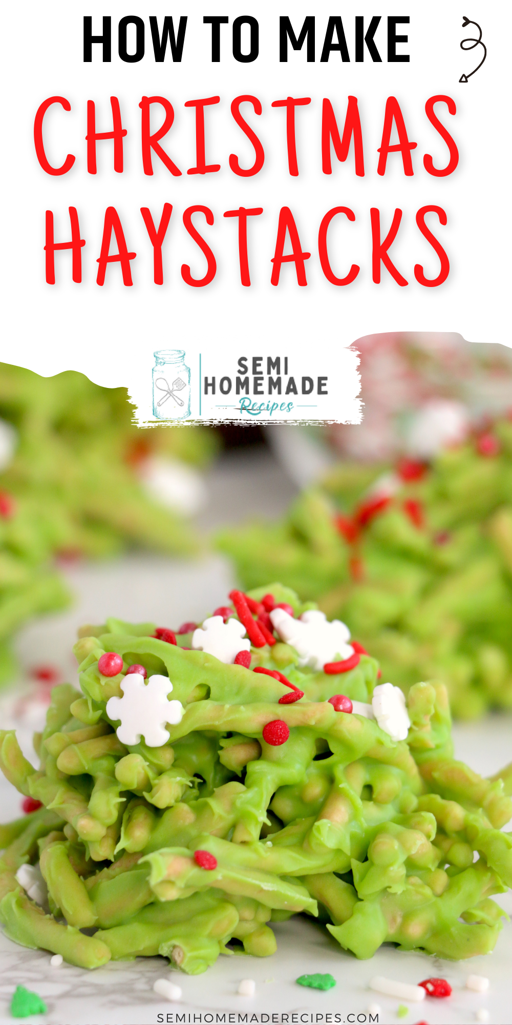 Christmas Haystacks Candy is an old fashioned vintage candy that people around here have been making for decades. This festive and easy Christmas dessert combines chow mein noodles, white chocolate and green coloring together with holiday sprinkles for a super cute treat.
