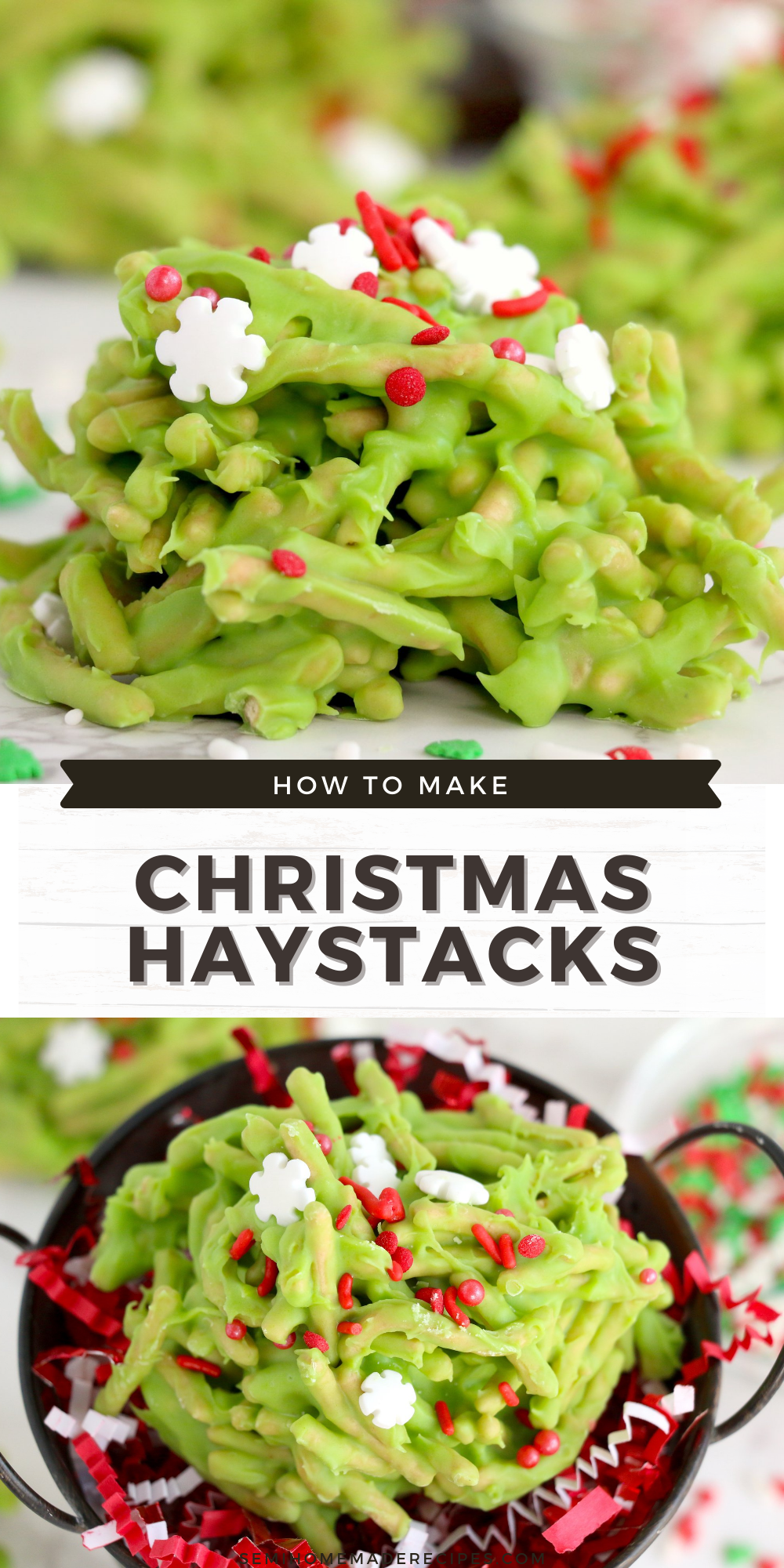 Christmas Haystacks Candy is an old fashioned vintage candy that people around here have been making for decades. This festive and easy Christmas dessert combines chow mein noodles, white chocolate and green coloring together with holiday sprinkles for a super cute treat.
