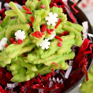 Christmas Haystacks Candy is an old fashioned vintage candy that people around here have been making for decades. This festive and easy Christmas dessert combines chow mein noodles, white chocolate and green coloring together with holiday sprinkles for a super cute treat.