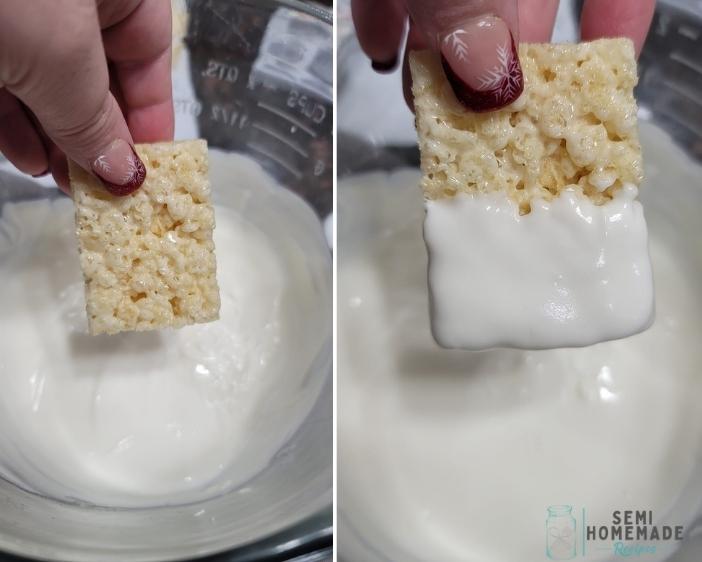 Dipping RICE KRISPIE TREATS into white chocolate