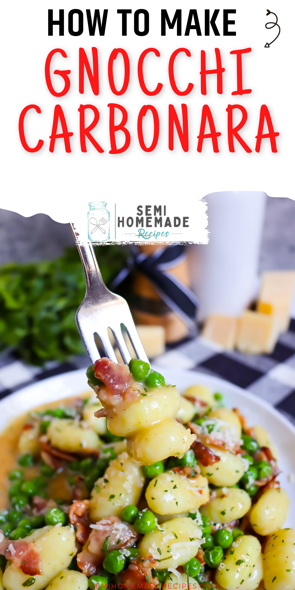 Gnocchi Carbonara - easy dinner recipe with soft gnocchi, bacon and cheese. 