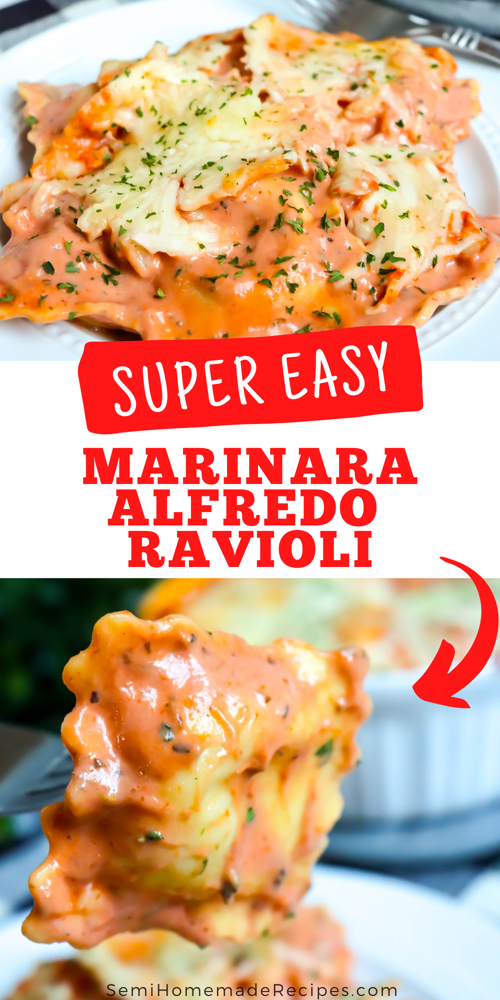Marinara Alfredo Ravioli - a quick and easy meal with refrigerated cheese stuffed ravioli, marinara sauce, alfredo sauce and lots of mozzarella cheese. Great for busy weeknight or lazy weekend!