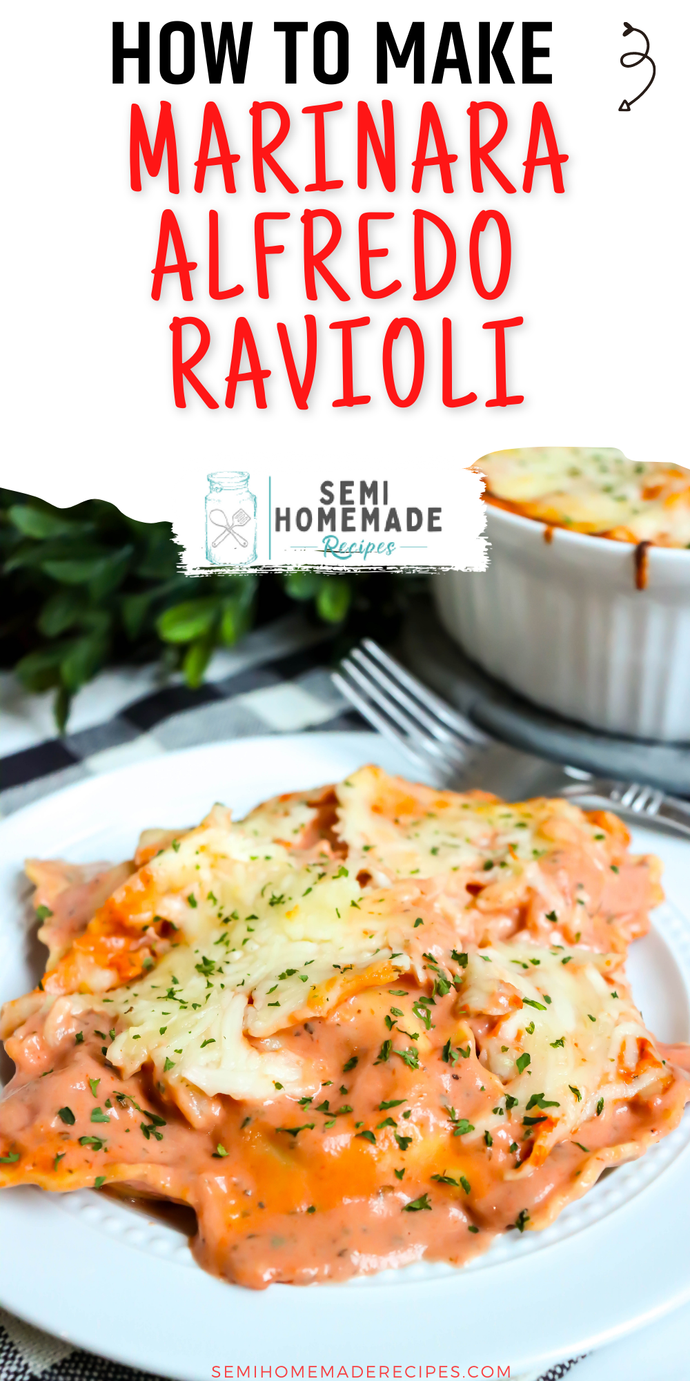Marinara Alfredo Ravioli - a quick and easy meal with refrigerated cheese stuffed ravioli, marinara sauce, alfredo sauce and lots of mozzarella cheese. Great for busy weeknight or lazy weekend!