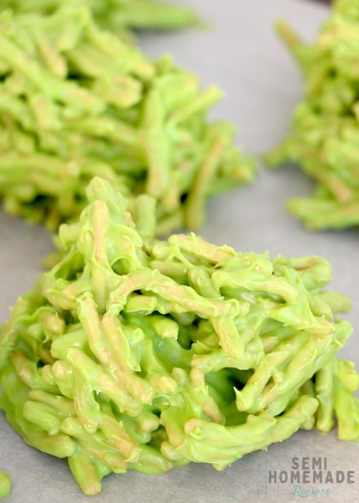 Making Haystacks with green colored noodles