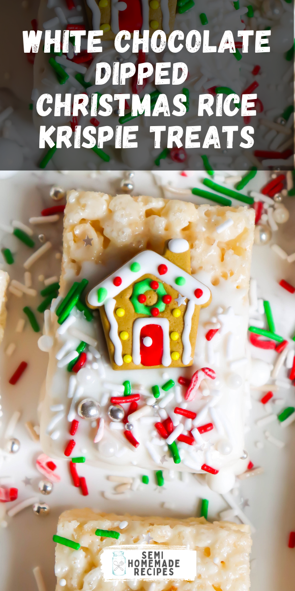 These easy White Chocolate Dipped Christmas Rice Krispie Treats are a simple semi homemade Christmas treat that everyone will love! They're easy to make and super cute! Perfect for a Christmas party or a dessert tray!