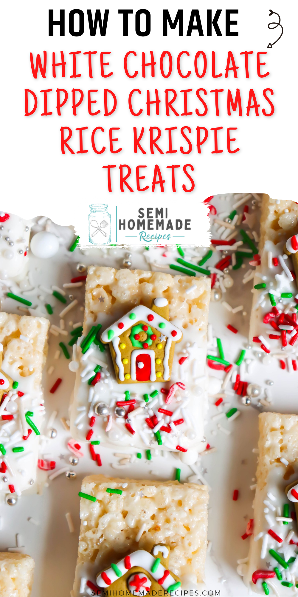 These easy White Chocolate Dipped Christmas Rice Krispie Treats are a simple semi homemade Christmas treat that everyone will love! They're easy to make and super cute! Perfect for a Christmas party or a dessert tray!

