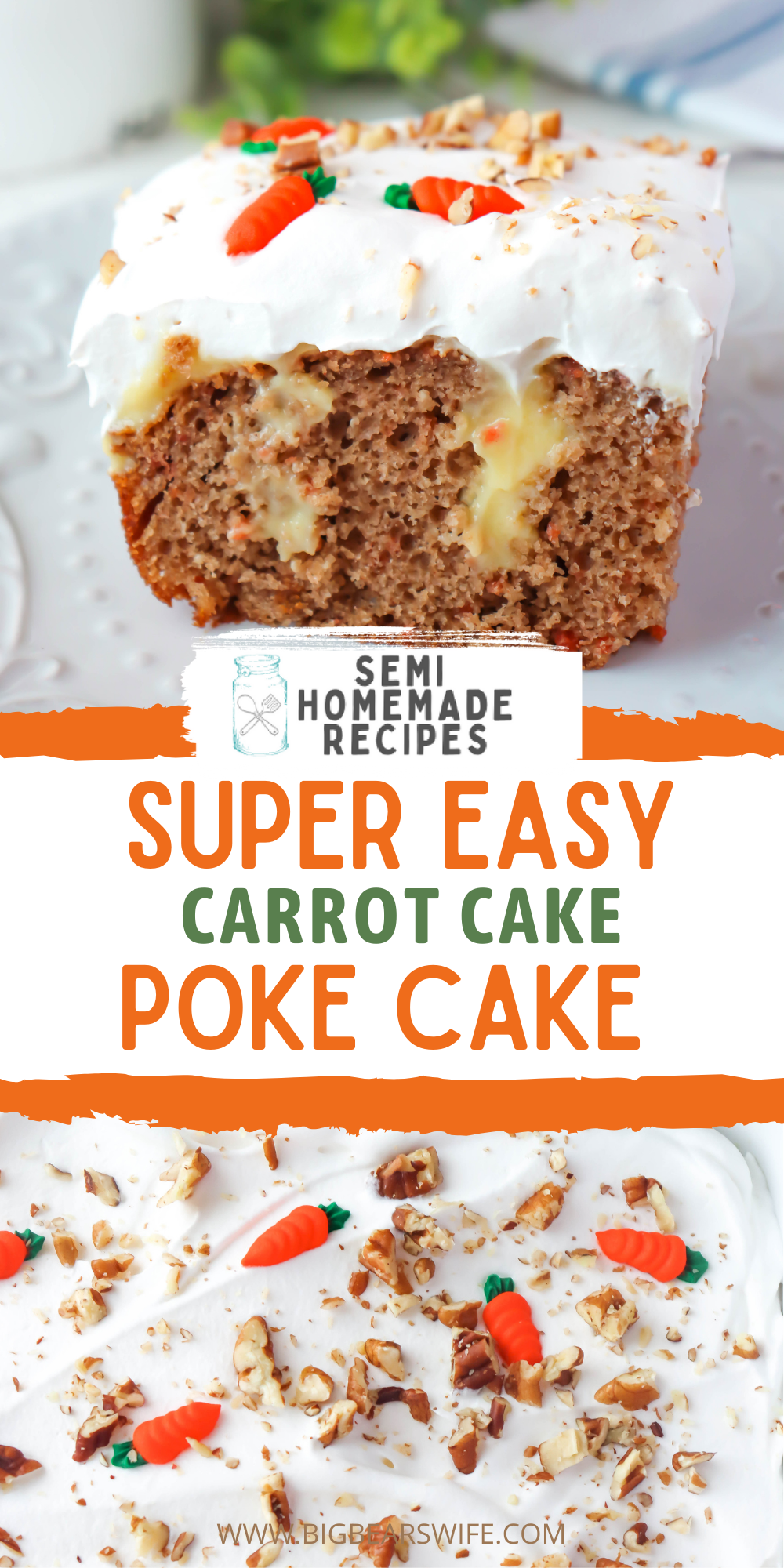 This super easy carrot poke cake is made with a tender carrot cake, vanilla pudding, whipped topping and decorated with the cutest little royal icing carrots and crushed pecans. Don't like pecans? Leave them off!