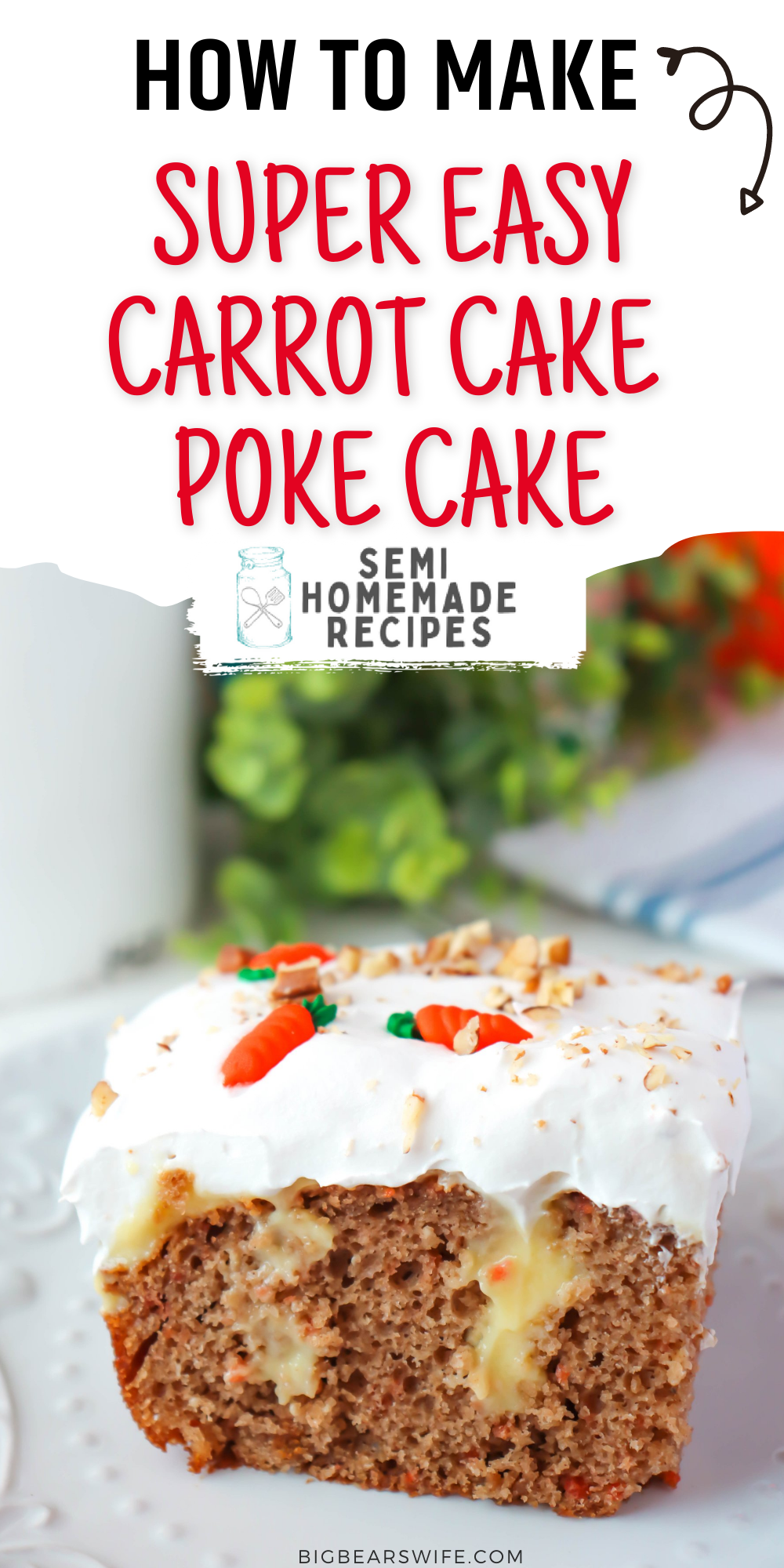 This super easy carrot poke cake is made with a tender carrot cake, vanilla pudding, whipped topping and decorated with the cutest little royal icing carrots and crushed pecans. Don't like pecans? Leave them off!
