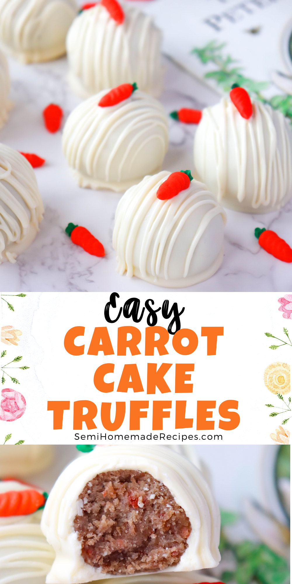These super Easy Carrot Cake Truffles are made with carrot cake, white chocolate and decorated with a cute royal icing carrot on top! Perfect for Easter dessert, church potlucks, or any springtime party!