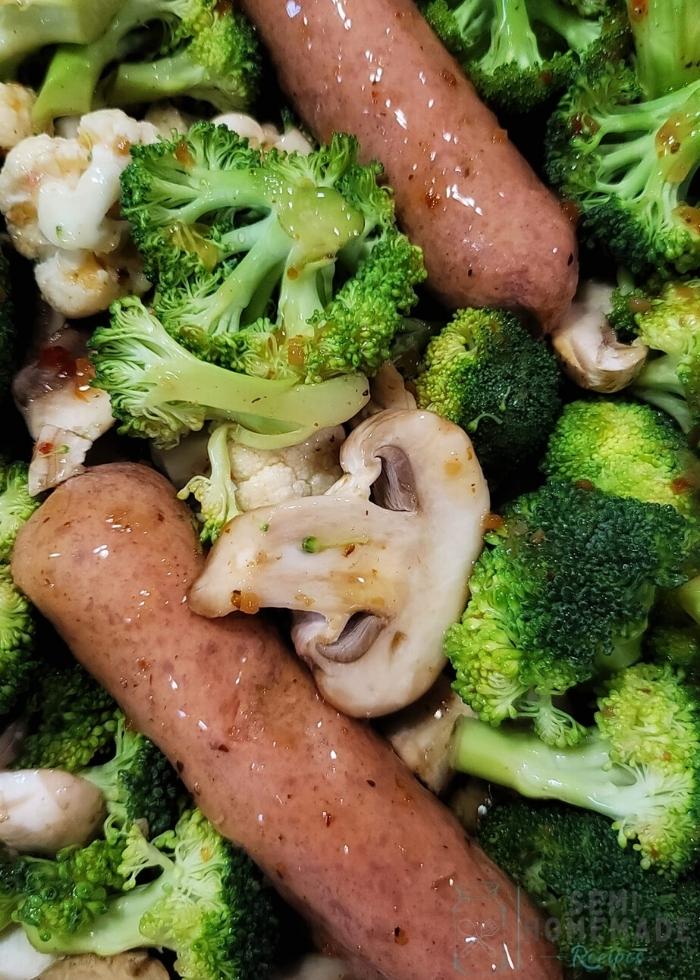 Broccoli and Cauliflower and sliced mushrooms and sausage