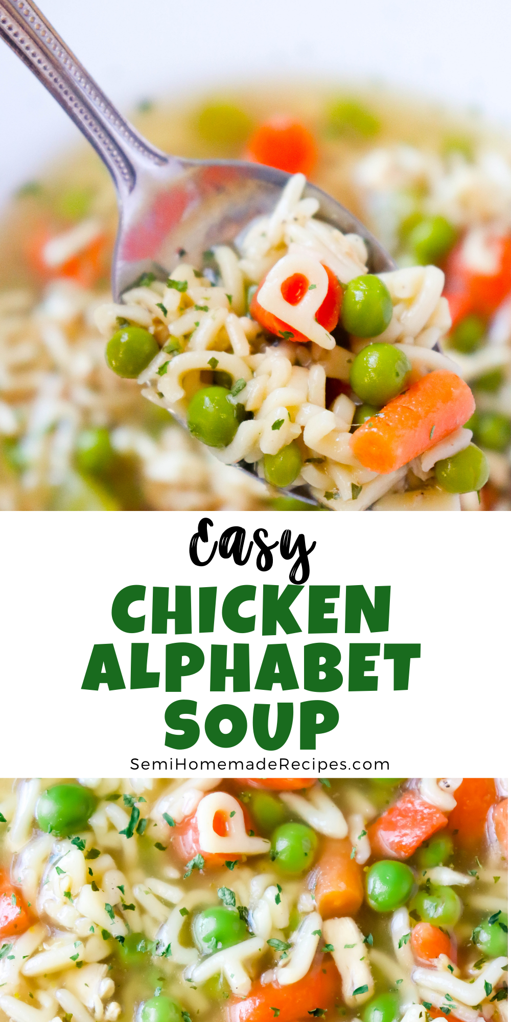 Chicken Alphabet Soup - a semi homemade chicken noodle soup with alphabet pasta, carrots, celery and peas! Using a packet of packet Maggi Alphabet Soup Mix for our seasonings and pasta!