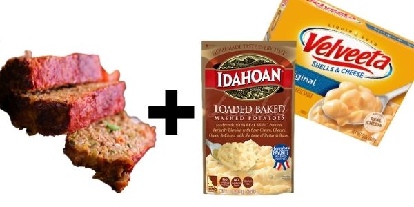 Meatloaf plus mashed potatoes and mac and cheese