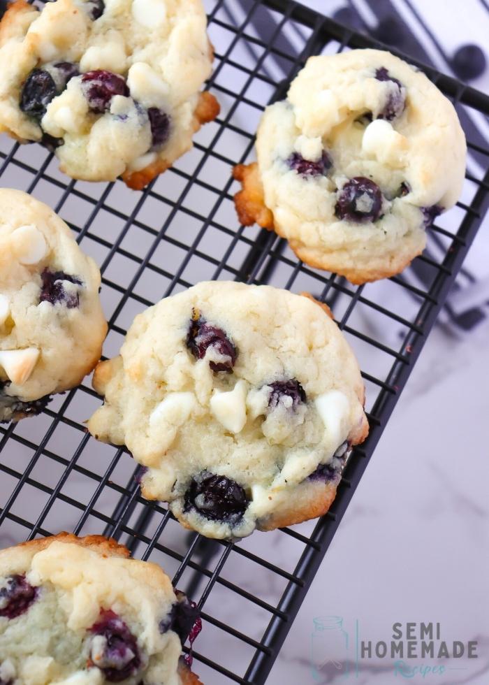 Blueberry Vanilla Cake Mix Cookies on wire rack