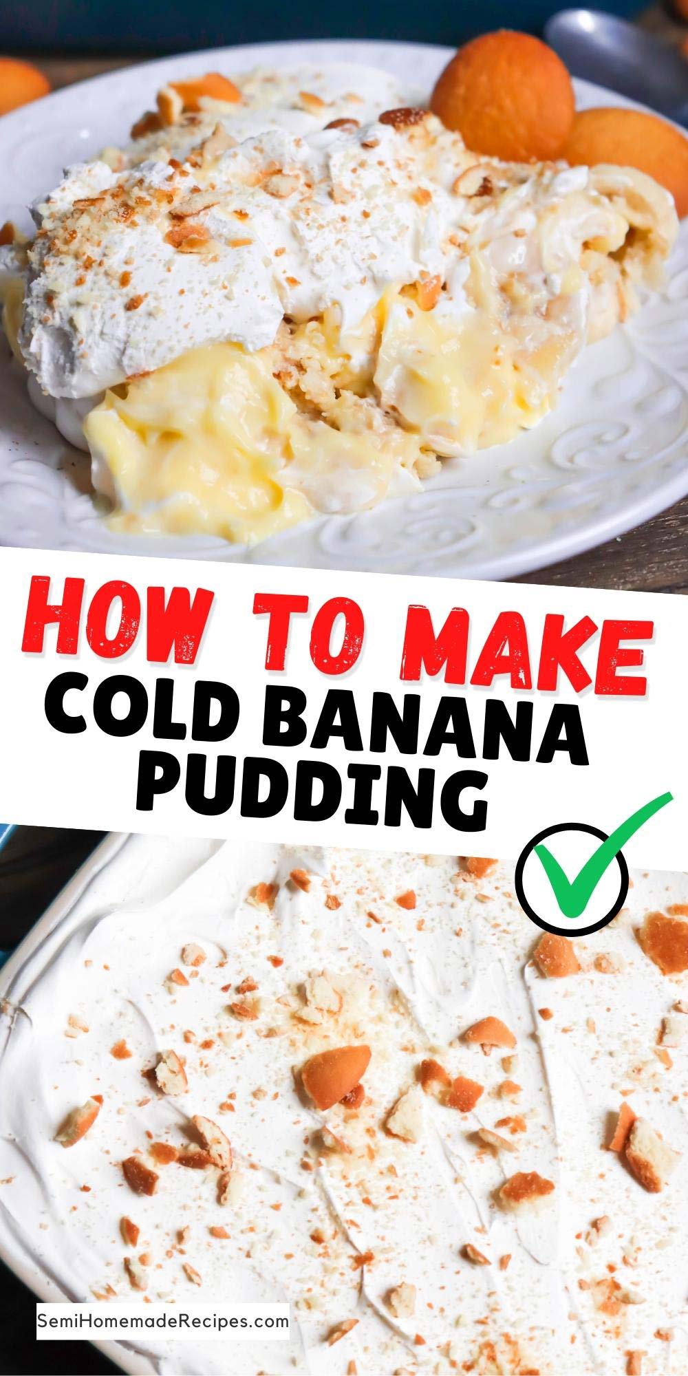 This semi homemade Cold Banana Pudding is creamy, dreamy and delicious! Bananas, Banana pudding, milk, Cool Whip and Vanilla wafers make up this classic dessert! 