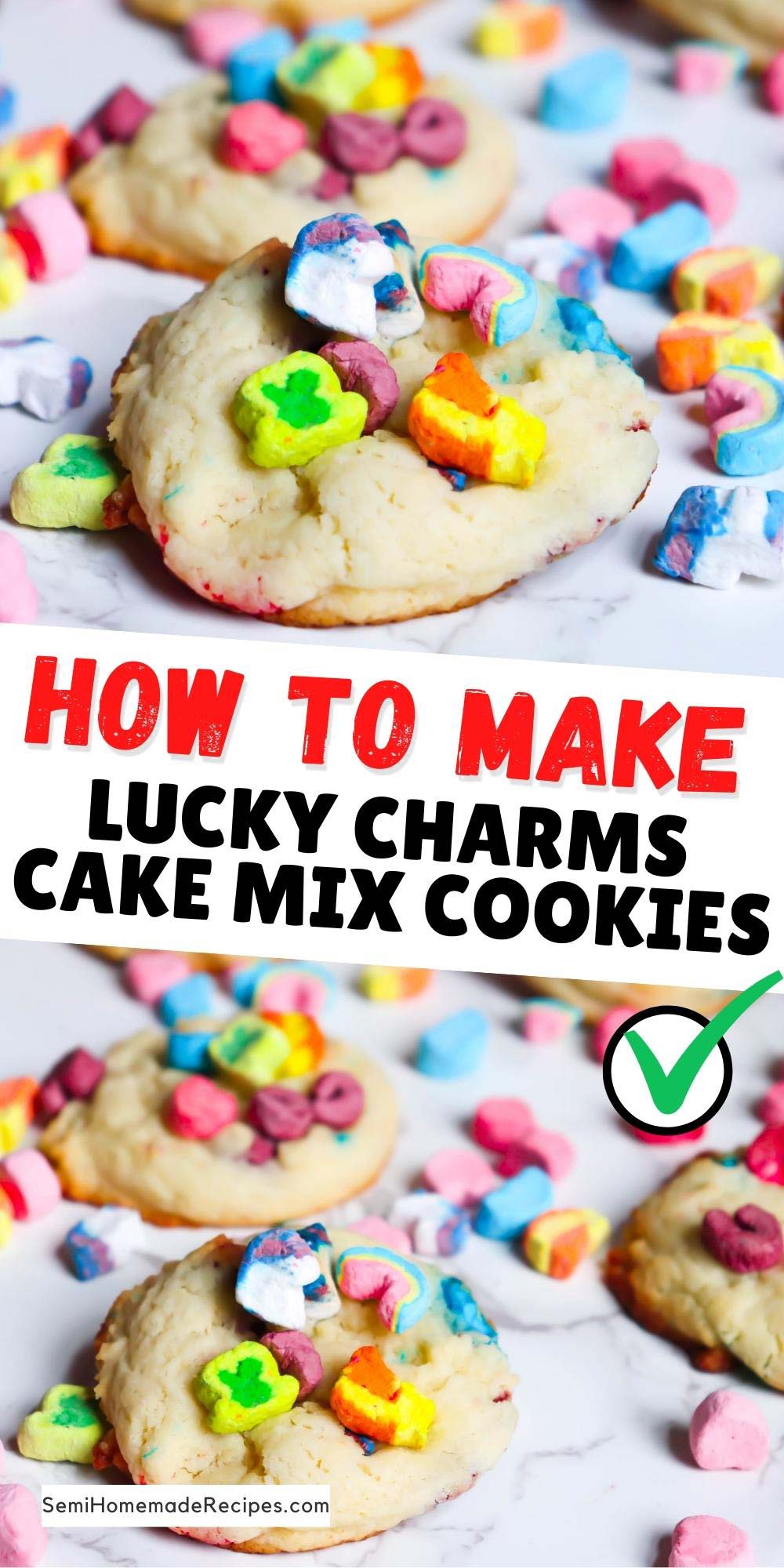 These Lucky Charms Cake Mix Cookies are soft, vanilla and full of Lucky Charm Marshmallows. White cake mix if the base for these cookies which makes them super fast to make! 