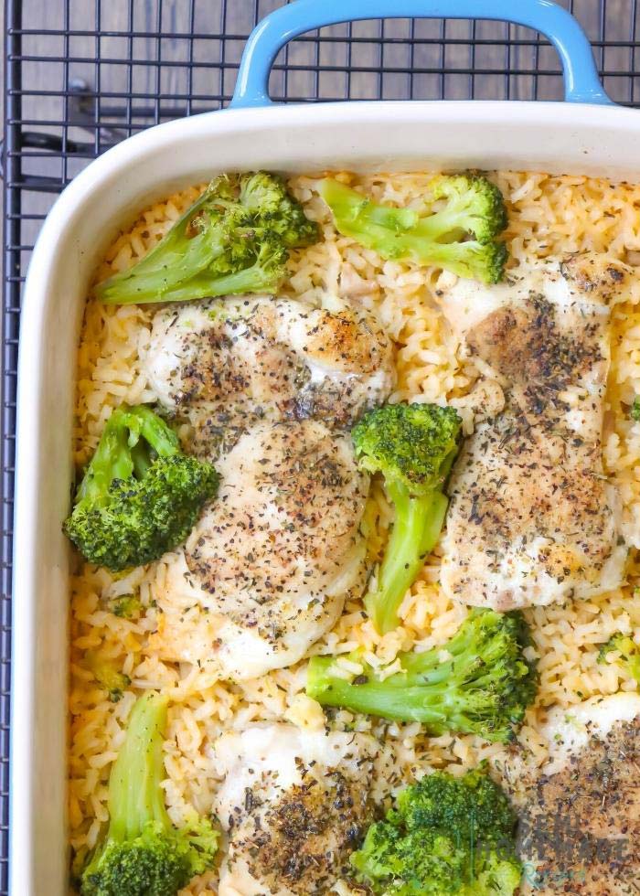 Oven-Baked-Chicken-Broccoli-Cheese-Rice-in-blue-casserole-dish