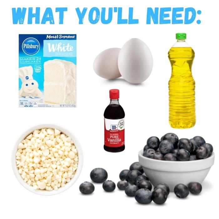 Ingredient photo of what you'll need for blueberry cake mix cookies
