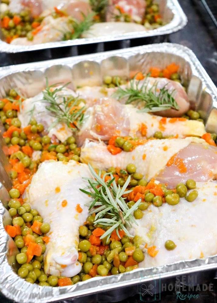 Chicken Peas and Carrots and fresh Rosemary in a pan
