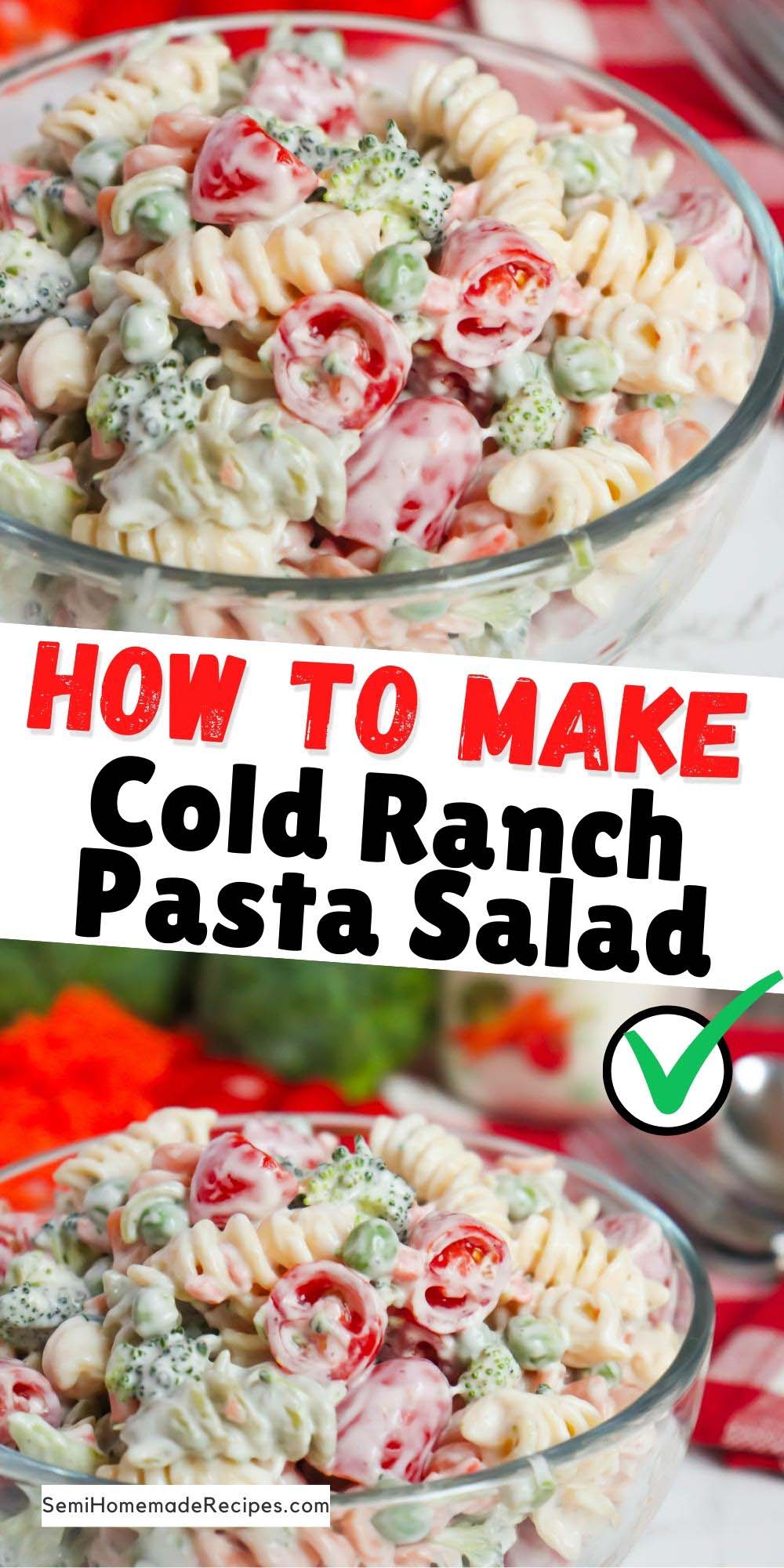 Cold Ranch Pasta Salad - Tri Colored Rotini is mixed together with halved cherry tomatoes, fresh broccoli florets, green peas, matchbox carrots and cold ranch dressing for a super easy summer pasta salad!