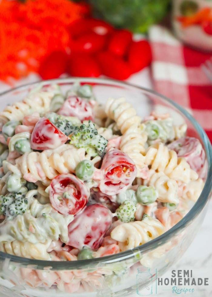 Cold Ranch Pasta Salad in clear bowl
