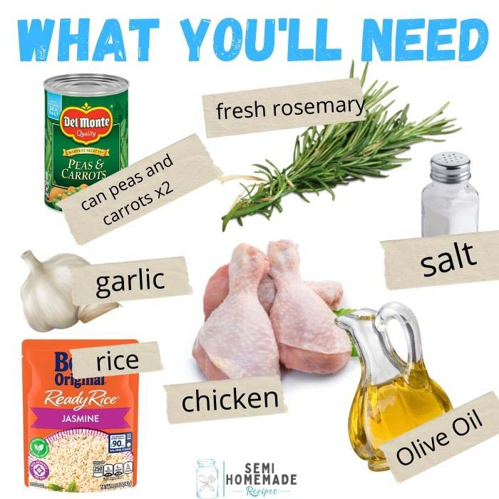2 (14.5 each) cans peas and carrots, with juice 3 cloves garlic, peeled and chopped 2 tablespoons olive oil 1/2 tablespoon salt 6 chicken drumsticks with skin or 6 bone-in chicken thighs with skin 2 sprigs fresh rosemary