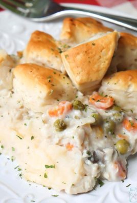 Mashed Potato Bottom Chicken Pot Pie - layers of cheesy mashed potatoes, easy semihomemade chicken pot pie and quartered fluffy biscuit make up this tasty Mashed Potato Bottom Chicken Pot Pie! Great for an easy weeknight dinner and quick to put together with pantry staples and rotisserie chicken.