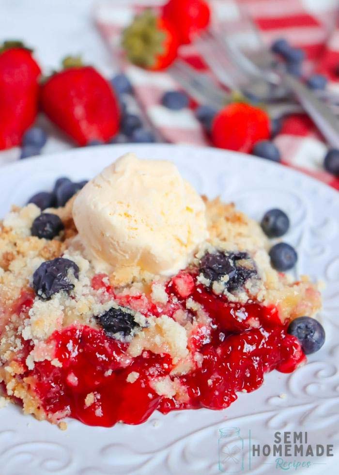 Patriotic Cobbler on white plate - Strawberry and Blueberry Cris
