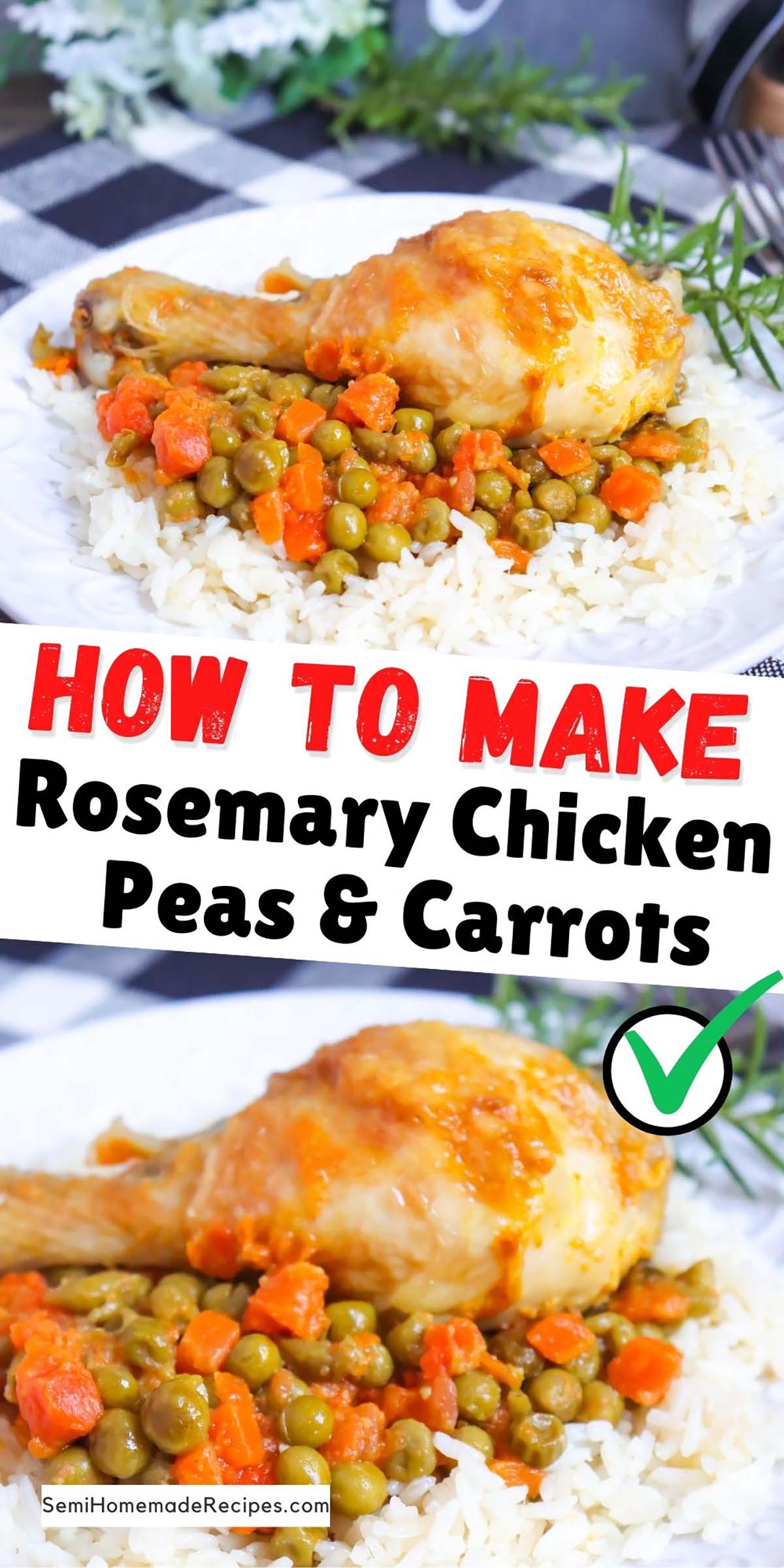 Rosemary Chicken with Peas and Carrots - Oven Baked Chicken nestled together with peas, carrots, fresh rosemary and garlic! Get Ready for a super easy chicken dinner recipe that is going to cook all together in one pan!