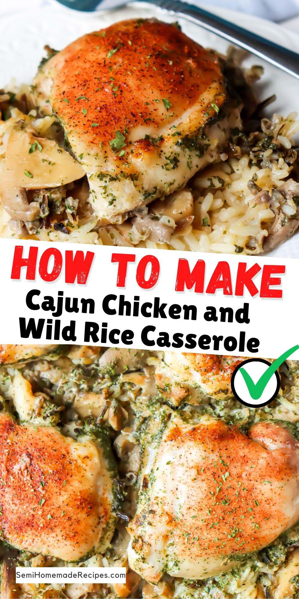 This Cajun Chicken and Wild Rice Casserole is a one pan dinner that is super easy to make and ready in under and hour. Chicken Thighs are seasoned with cajun seasoning and baked on top of seasoned wild rice for the perfect dinner.  