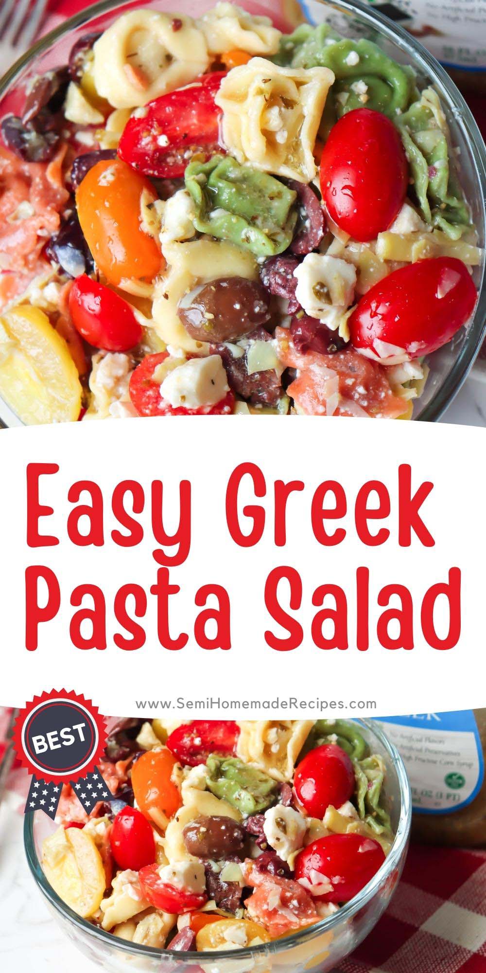 Greek Pasta salad is so easy to make and the perfect make ahead side dish! Cheese tortellini is tossed together with artichoke hearts, kalamata olives, garlic, tomatoes and feta before being mixed with Greek salad dressing for a tasty and simple recipe! Great for a cookout or as side dish for a BBQ! 