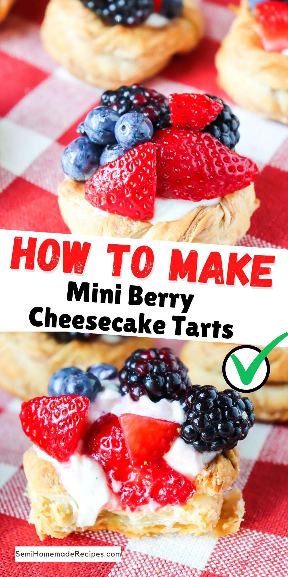 Mini Berry Cheesecake Tarts - baked store bought puff pastry filled with an easy homemade cheesecake filling and topped with sweet fresh fruit!