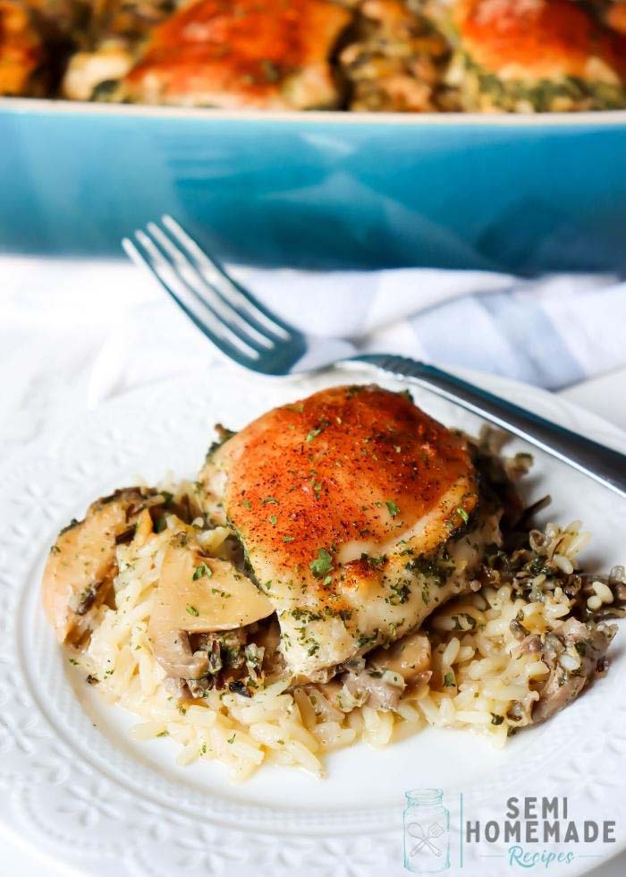 Serving of Cajun Chicken and Wild Rice Casserole on white plate