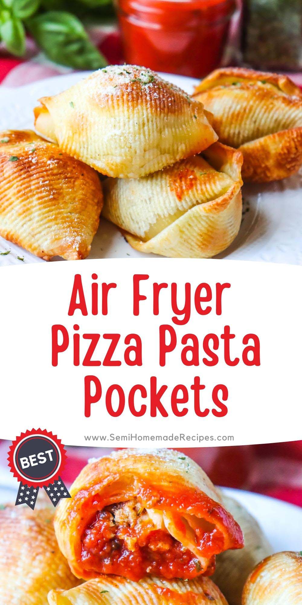 Air Fryer Pizza Pasta Pockets - Crispy Shells stuffed with ground beef or ground turkey, pizza sauce and fresh mozzarella pearls! Top these Pizza pockets with parmesan cheese and parsley before dunking them into pizza sauce for a great appetizer, dinner or snack! 