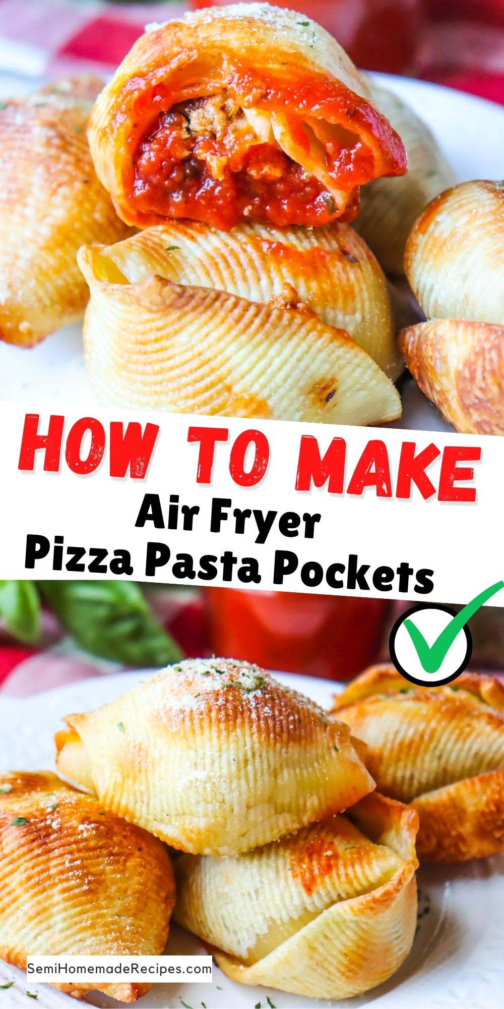 Air Fryer Pizza Pasta Pockets - Crispy Shells stuffed with ground beef or ground turkey, pizza sauce and fresh mozzarella pearls! Top these Pizza pockets with parmesan cheese and parsley before dunking them into pizza sauce for a great appetizer, dinner or snack! 