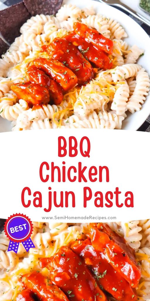 BBQ Chicken Cajun Pasta - One of our favorite restaurant meals with a Semihomemade twist! Grilled Chicken tossed in BBQ sauce, on top of cajun sauce coated fusilli pasta and cheese. Served with a side of tortilla chips and extra cajun sauce for the perfect restaurant dinner made at home!