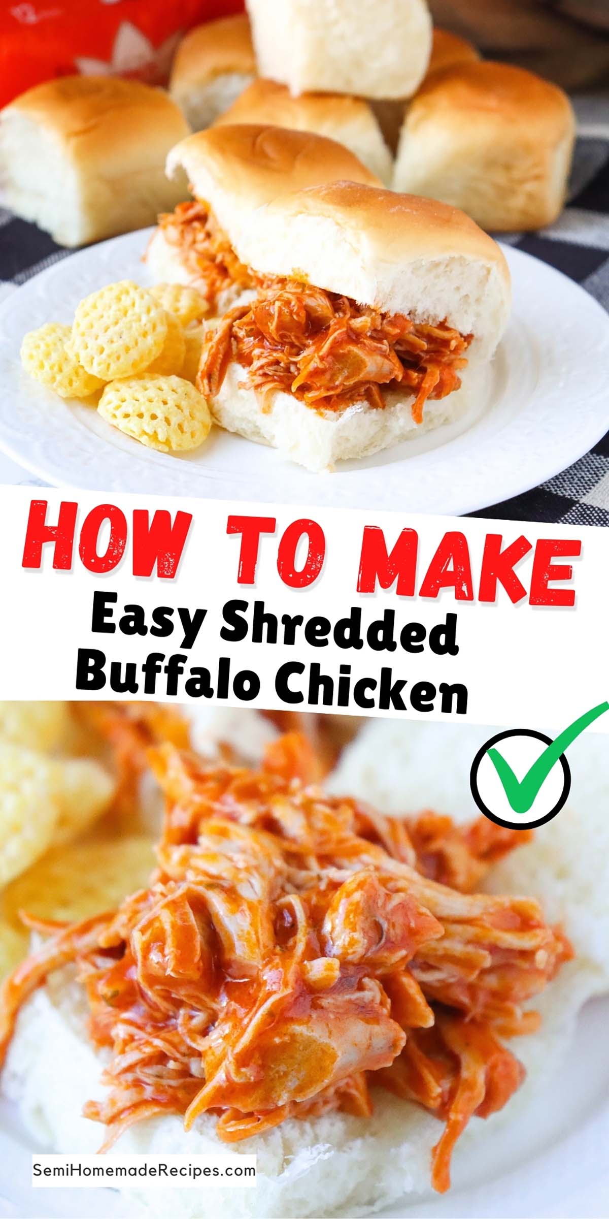 This super Easy Shredded Buffalo Chicken is perfect for sandwiches, sliders or tacos! Turn this stove top Shredded Buffalo Chicken into sliders and top with ranch dressing, lettuce or tomato for the perfect lunch or dinner!