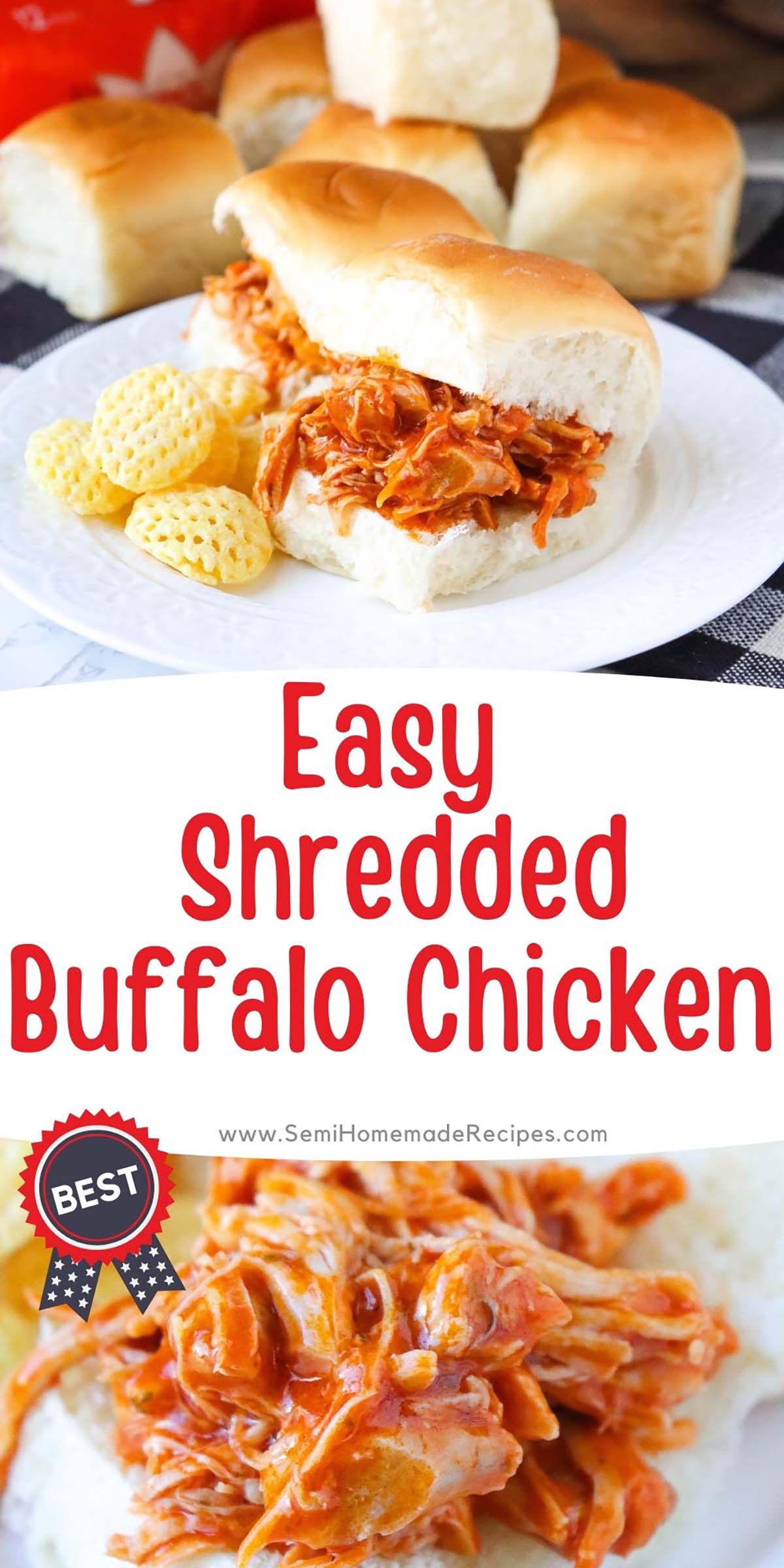 This super Easy Shredded Buffalo Chicken is perfect for sandwiches, sliders or tacos! Turn this stove top Shredded Buffalo Chicken into sliders and top with ranch dressing, lettuce or tomato for the perfect lunch or dinner!