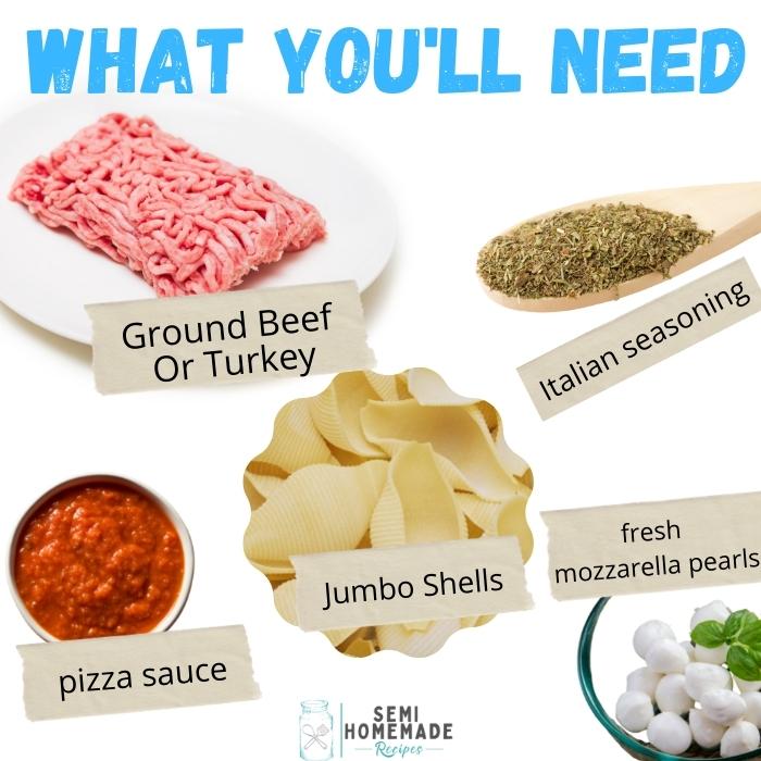 ground Beef OR ground Turkey Italian seasoning pizza sauce fresh mozzarella pearls Jumbo Pasta Shells Baking Spray (optional) grated parmesan (optional) dry parsley (optional) Extra Pizza Sauce for dipping (highly recommended)