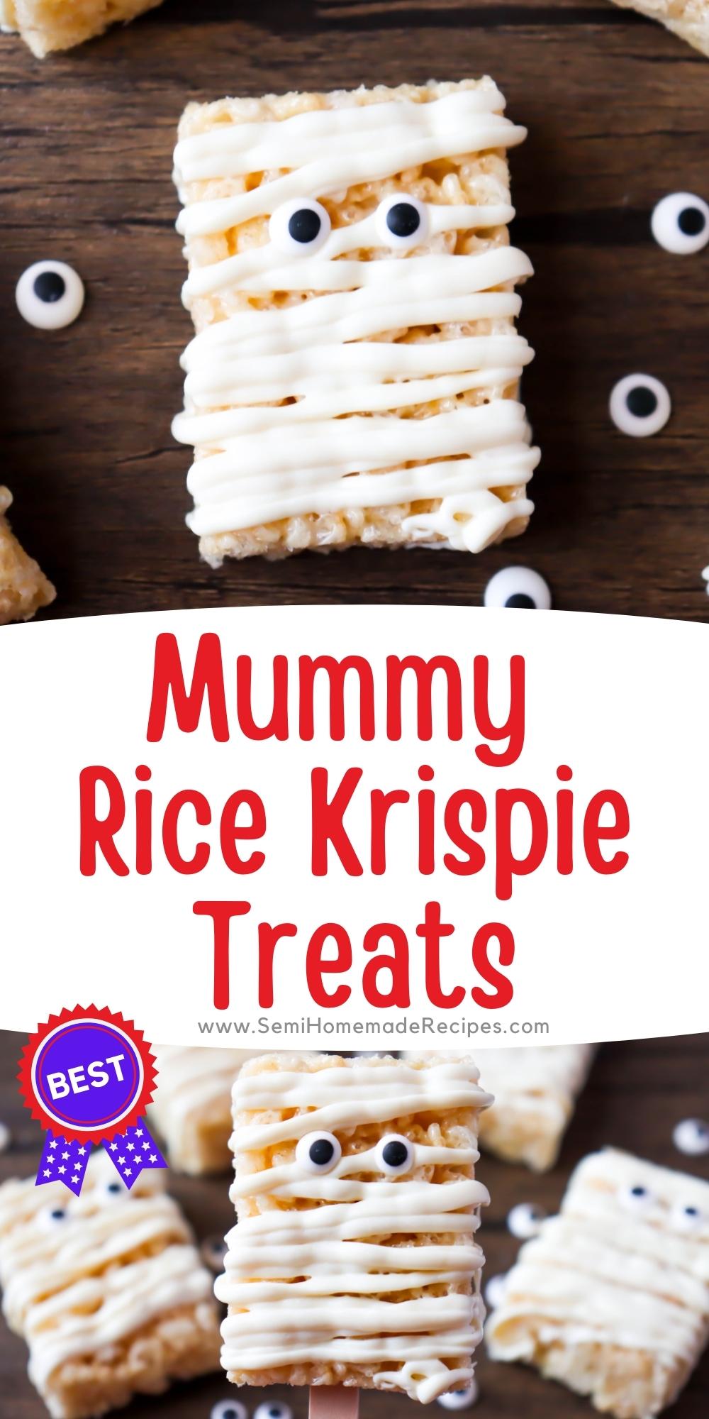 A simple and quick Halloween treat, these Mummy Rice Krispie Treats can be made with store bought prepackaged rice krispie treats or homemade ones! 