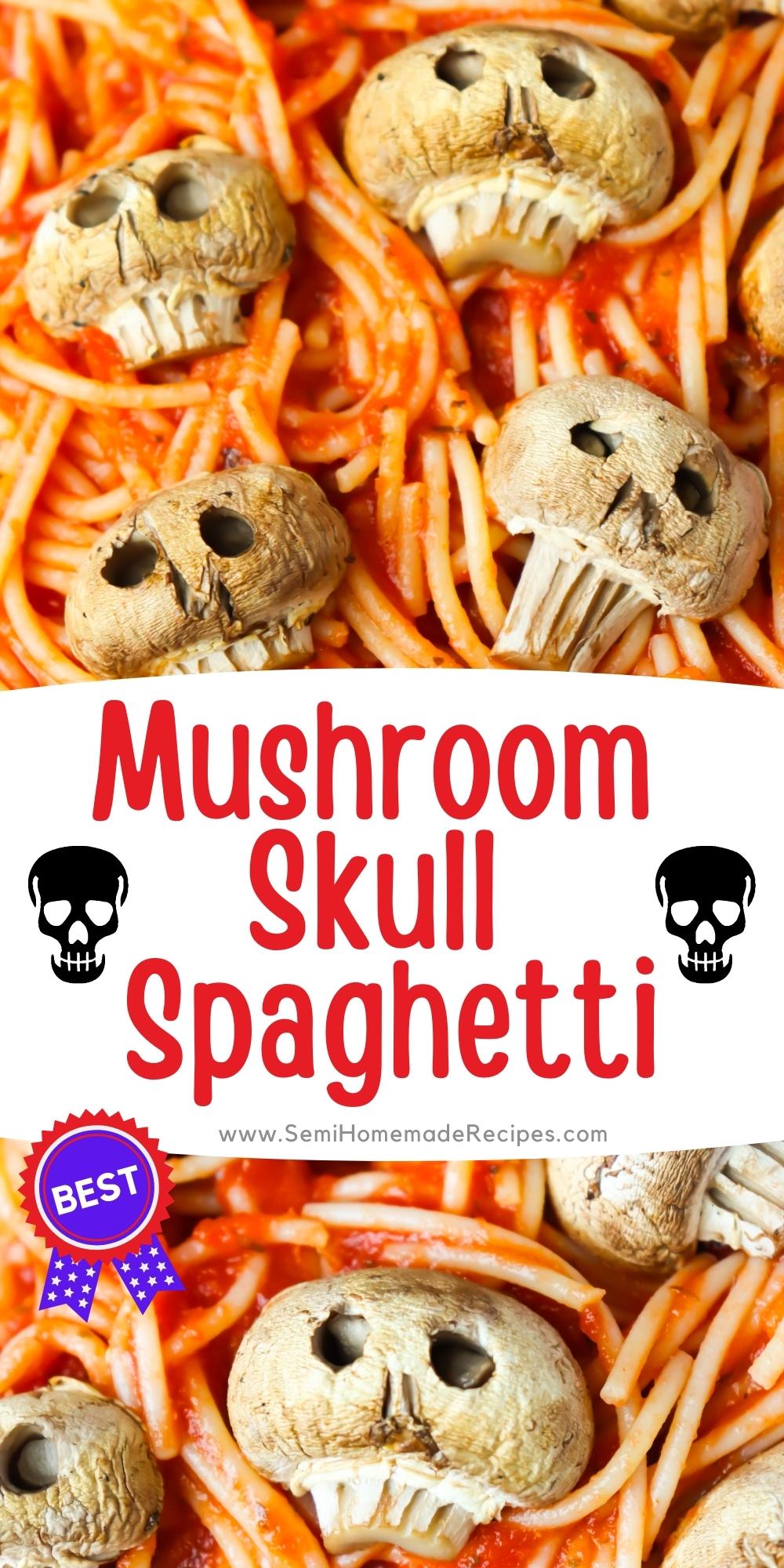 Mushroom Skull Spaghetti  - White Mushrooms are easily carved and baked to look like tiny skulls then served with spaghetti for a creep, spooky Halloween dinner. 