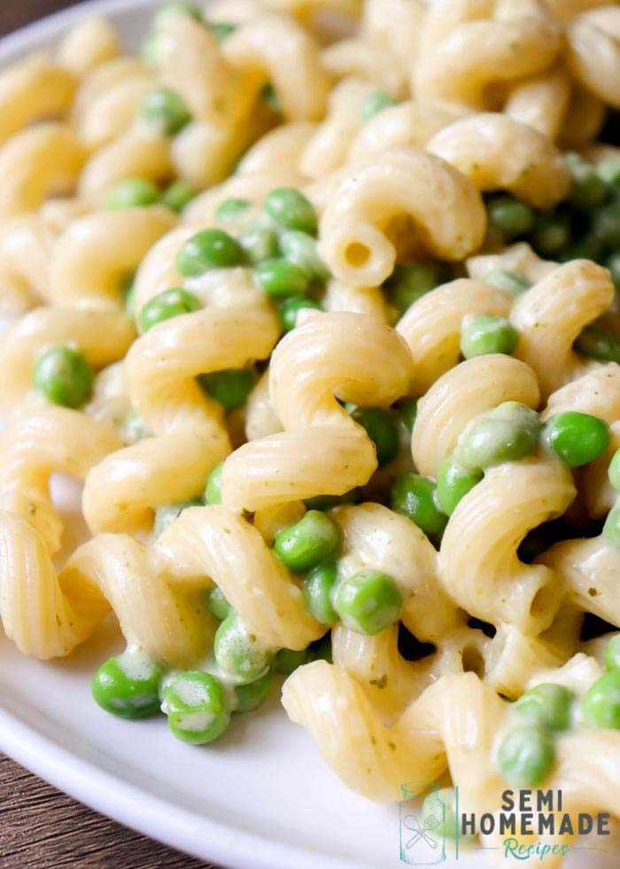 close up of pasta and peas