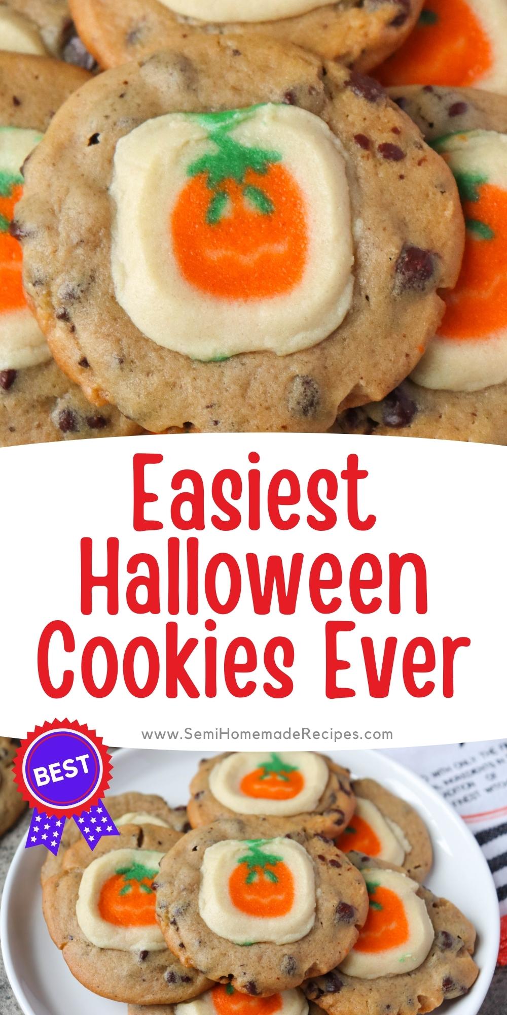 Easiest Halloween Cookies Ever - premade chocolate chip cookie dough and premade pumpkin sugar cookie dough come together to make some of the Easiest Halloween Cookies that you'll ever make. 